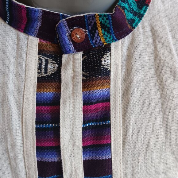 2XL Mens Guatemalan Long-Sleeve White Cotton Shirt Multicolor Striped Accent - Picture 3 of 9